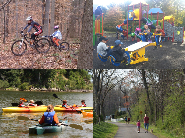 4 photos: a man and child riding a bike, children playing at a playground, a group canoeing, and an adult and child walking dog